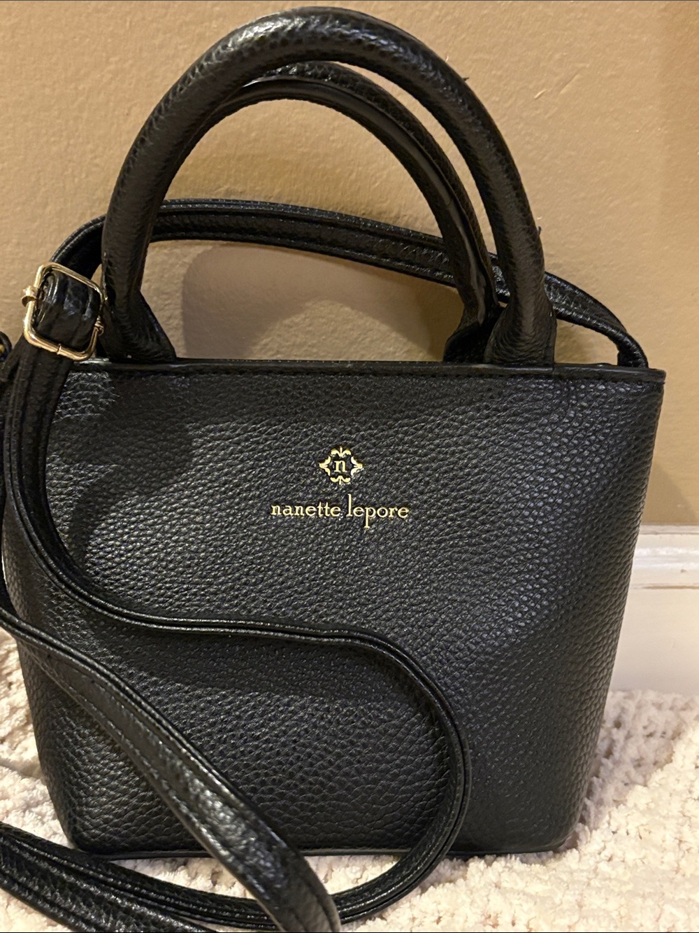 Nanette Lepore Black Pebbled Leather Satchel with Gold Logo